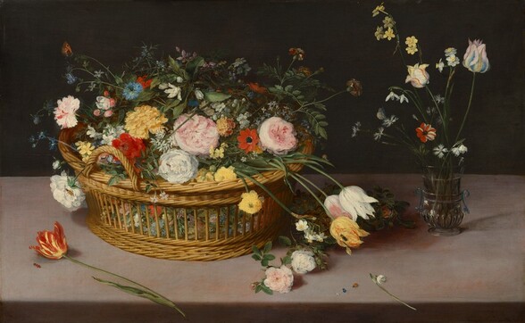 A pile of flowers overflows a straw basket resting atop a long pink marble table against an inky black background in this horizontal still life painting. Light coming from behind us illuminates the flowers and crisscrossing green stems and leaves. Every petal and leaf, color gradation, and vein are visible among the flowers. These include tulips, anemones, columbines, and roses, and other flowers in butter yellow, coral orange, blush pink, pale blue, and white. Amid the flowers are two black and yellow bees, along with a tiny snail making its way down a narrow green frond. A small orange and black butterfly or moth perches at the top left of the picture, clinging to a bud atop a thin green stem. The basket, of yellow woven straw, is round, wide, and shallow with handles on either side. Smaller blooms are visible through the open sides. We look slightly down onto the table, which spans the width of the composition. Around the basket, a few stems of flowers have fallen onto the table, and a ladybug crawls across the tabletop near us. To the right side of the basket rests a small, green glass vase with looped handles. It holds a handful of tiny, delicate blooms in tones of daffodil yellow, sky blue, ruby red, and white. A blue-winged butterfly has alighted on one of them.