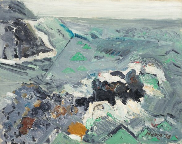 Bold strokes and textured squiggles of light teal, muted peacock blue, chestnut-brown, and gray create the impression of a churning sea beneath an oyster-white sky in this abstracted painting. Near the center of the composition, lime-green triangles against a larger patch of slate gray march toward the high horizon line. More green triangles line the lower edge of the canvas. The upper left is filled by a tall, sloping mound of gray and smoky purple layered with strokes of black. The artist signed and dated the painting in the lower right, “Marin 38.”