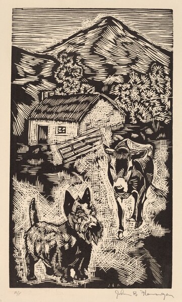 Untitled (Scottie and Cow Near Cottage in Hilly Landscape, Ireland)