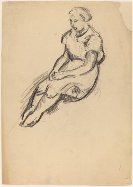 Seated Woman with Legs Extended and Hands Clasped in Lap