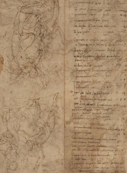 Drawings of bodies fill the left half of this vertical, parchment-colored paper, and writing fills the right half. The drawings and writing are in dark brown ink, and lines from the other side of the sheet show through, creating blurred forms. On the left, several nude male bodies are loosely drawn and appear upside down in this view. Their actions are indistinct but they gesture and turn. The right half is filled with horizontal lines of hand-written text and numbers. A vertical line splitting the two halves was presumably made when folded in half at some point in the sheet's history.
