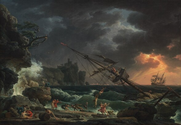 A masted ship with tattered sails crashes near a rocky shore among choppy waves, beneath a sky filled with charcoal-gray clouds in this horizontal landscape painting. The tall mast of the ship pitches at a steep angle from near the lower right corner toward the upper left, a narrow red flag streaming in the wind from the top of the mast. Seven men cling to the crow’s nest, a platform near the top of the mast, and on the mast around it. More people, all with pale skin and tiny in scale, work amid the fallen sail on the ship’s deck and dangle from the rigging that is being pulled ashore by others. The ship’s second mast is broken in half, splintered where it has fallen against jagged boulders in the lower right corner. On the shore, a woman wearing a pink dress and blue stockings holds her arms up to the sky as a bare-chested man wraps his arms around her waist. A man nearby hunches over as he hauls in a cage from the surf. To our left, a second woman is surrounded by three men, two of whom support her torso. She wears a pale yellow skirt and her white shirt has fallen to expose one breast. Two trunks or chests and a large roll of cloth are piled behind the trio, to our left. On the other side of the group, a brown dog sits and looks back over its shoulder toward a man who rolls a barrel onto the beach. The people all have pale skin, some are barefoot, and they wear clothing in ivory white, ruby red, slate gray, beige, or teal blue. A rocky, vertical cliff nearly spans the height of the left edge of the painting, and the cliffs continue along the waterline into the distance. Two people perch on a rocky outcropping near those on the beach, and a tree with a cracked, splintered trunk is doubled back by the wind above the pair. Water sprays high against the cliffs beyond, and a fortress with a castle and walls sits atop the cliffs in the distance. Farther out in the water and to our right, a second ship with sails bulging in the wind lurches to the right. A streak of bright, golden-yellow lightning zigzags in the bank of clouds over this ship and reaches the horizon to our left, illuminating the low skyline of a town in the deep distance, beyond the cliffs. The clouds around the lightning are bathed in coral-peach light, but the surrounding clouds are a bruised, dark gray. The artist signed and dated the work as if he had inscribed the side of one trunk, near the lower left corner, “J. Vernet F. 1772.”