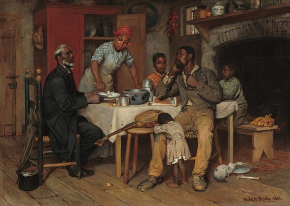 Two men, a woman, and three children, all with brown skin, gather around a table in a house in this horizontal painting. A bespectacled, white-haired man sits to our left, wearing a black coat and suit. He looks up and to our right, his chin slightly lifted. A black top hat and a book sit near his feet, and a gray umbrella leans against the back of his worn wooden chair. Opposite him, to our right, a younger man has short black hair and a trimmed beard. He props one elbow on a cigar box on the table and rests his chin in that hand. With his other hand, he grasps the lapel of his slate-blue jacket, which is worn over a cream-white shirt. There is a patch in one elbow of the jacket and on one of the knees in his tan-colored pants. Two small children gather around him. The smallest child turns away from us as they rest their folded arms and head on one of the man's knees. That child wears a knee-length, dress-like garment striped with parchment brown and beige. Behind the man, to our right, a slightly older boy kneels on a bench on the far side of the table and rests his elbows on the white tablecloth. That boy wears an aquamarine-blue shirt and dove-gray pants. Both children are barefoot. On the far side of the table, near the older man, a woman stands and leans forward to spoon food into the white dish he holds. She wears a red kerchief tied around her head and a fog-blue apron over a white shirt patterned with a muted indigo-blue grid. A young girl, the oldest child, stands on the far side of the table between the younger man and woman. Seen from the chest up, the girl's face and body are angled to our right, toward her father, but she looks to our left from the corners of her eyes. She wears a coral-red, high-collared garment with white polka dots. On the table is a serving bowl, cup, and a kettle. Behind the woman, one door of a tall  brick-red cupboard is ajar. Plates and vessels line the shelves within. A fireplace to the right has an opening as tall as the stooping woman. The mantle is lined with a manual coffee grinder, a white jar painted with a blue design, and clothes irons. A circus poster hangs behind the open door of the cupboard. A string of dried red chilis hangs next to a window between the poster and fireplace mantle. A banjo rests on a stool in front of the table, and a white cat licks a pie plate near the father's feet. The aritst signed and dated the painting in the lower right corner, Richd. N. Brooke. 1881 (ELEVE DE BONNAT - PARIS).