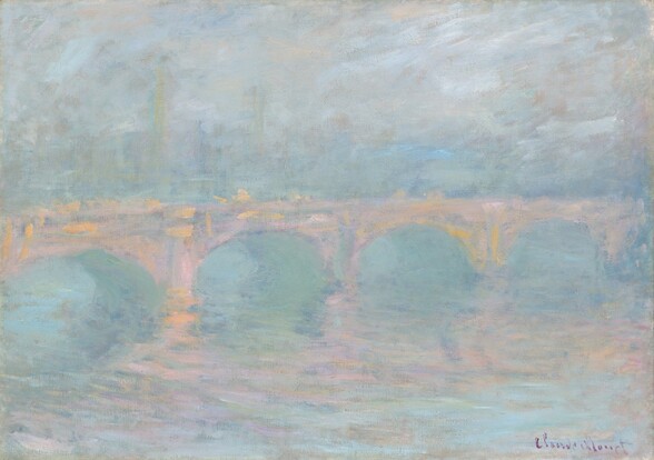 We seem to hover over a river across from a bridge in this horizontal landscape, which is painted entirely with broad, visible brushstrokes in pastel colors. The straight deck of the bridge bisects the composition at the center, though it seems to move slightly away from us towards the right. The four low arches of the bridge are painted with cotton candy pink and pale apricot. The sky above is painted loosely with light aquamarine blue and watery turquoise. A few vertical strokes of paint over the bridge suggests buildings along the riverbank beyond. The bridge is reflected in the water below so the blue, green, orange, and pink swirl together almost like melting scoops of sherbet. The artist signed the painting in violet purple letters in the lower right corner: “Claude Monet.”