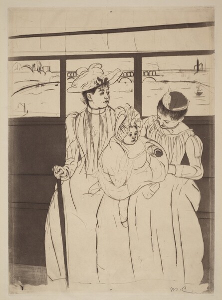 Printed with black lines and areas of dark gray on cream-white paper, two women, one holding a baby on her lap, sit on the long bench seat of an omnibus in this vertical composition. The women and their full skirts take up almost the width of the composition against the gray bench, which extends off both sides. The woman to our left wears a high-collared dress, gloves, and hat. She looks off to our right, almost in profile. She has a round face and the hint of a double chin. One gloved hand rests on a cane. The other woman holds the baby and tips her head down toward the child. Both women’s black hair is pulled up under their hats. The baby wears a white bonnet, a blousy garment, stockings, and shoes, and holds a gray ball in one hand. A row of windows behind them, parallel to the top of the bench, open onto an arched bridge spanning a river with boats. To our left, the water’s edge is lined with puffy forms reminiscent of trees and bushes. The artist signed the work with her initials in graphite in the bottom right, “MC.”