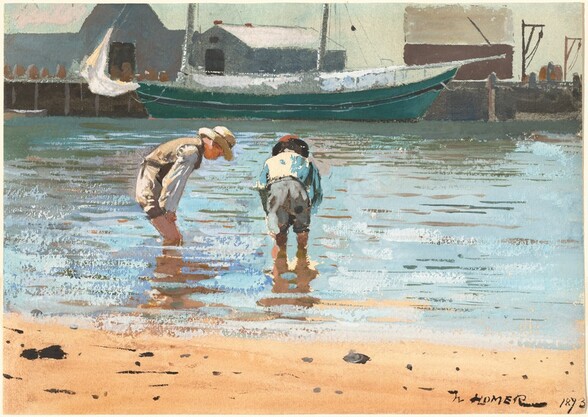 Two pale-skinned boys with their pants rolled up stand knee-deep in crystal-blue water in this horizontal watercolor on paper. Gray pebbles are scattered across a stretch of peachy-tan sand along the bottom of the sheet. Water ripples gently across a channel to a sailboat docked in front of dark gray warehouses and a brown building lining a pier. The boat is robin’s egg blue with a navy stripe across its center. In the distance to our right, two cranes for loading cargo are silhouetted against the pale blue sky that spans the top fifth of the composition. Near the beach, the two boys plant on their fists on their knees to peer down into the water. One boy stands with his back to us in the center of the composition. The other is to our left. He stoops, facing our right in profile. Both wear brimmed hats, long-sleeved shirts, and the boy on our left wears a vest in tones of peanut brown, cream and bright white, straw yellow, and nickel gray. Strokes of opaque white and sparkling blue sweep across the water so the texture of the paper shows through. The artist signed and dated the watercolor in the lower right: “W HOMER 1873.”
