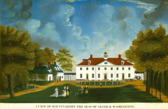 A three-storied, white manor house with a rust-red roof and wings extending off both sides sits across an emerald-green lawn lined with tall, sage and dark green trees in this horizontal painting. Straw-brown paths lead to the house from either side of the lawn, where they meet an oval-shaped path directly in front of the house. The grassy area inside the oval is cordoned off with posts and weighted chains. Closer to us, three men, two women, and a gray dog stand on the lawn. Two of the men wear uniforms with navy-blue, button-lined jackets with golden yellow epaulets and collars, dark, tricorn hats, and butter-yellow britches over black, knee-high boots. The third man wears a brown suit with a white collar. Both the women wear white dresses. One has a sky-blue sash around her waist and the other has a black shawl wrapped across her torso, and wears a white bonnet. Two light-skinned people, perhaps a man and a child, walk along the path to our left, wearing gray suits. Four people closer to the house have brown skin. One of them, a woman, stands at the front center of the oval path and other three men approach a door in the wing to our left. One of that trio carries a shovel over his shoulder, one a rake, and the other a staff. A carriage guided by a seated horseman and pulled by four horses enters the scene from our right. To our left and right, covered walkways connect the main house to the side wings. The wing to our right is mostly hidden by trees and cut off by the right edge of the painting. The wing to our left has a teal-blue roof, red brick chimneys, and the same white walls as the manor. The main house has a triangular pediment over the front door and chimneys to each side of the red roof. A spire-like lantern is at the center of the roofline, over the pediment. Faint, wispy white clouds billow against the azure-blue sky above. Centered at the bottom of the scene across a white margin are the words, “A VIEW OF MOUNT.VERNON THE SEAT OF GENERAL WASHINGTON.”