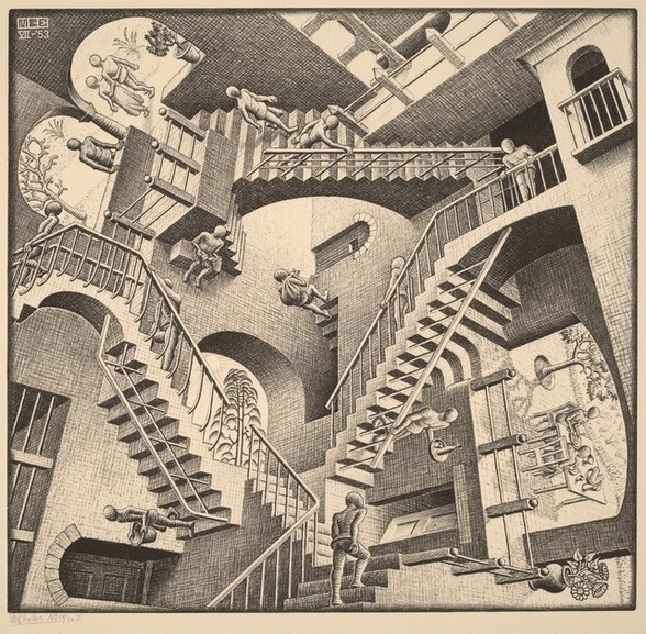 Printed with black lines and shading on cream-colored paper, we look down onto three, interconnected staircases in a triangle that shifts constantly to create an optical illusion in this square lithograph. Nine faceless people walk up and down the staircases toward landings that are positioned at different angles. The bodies of the people are generalized, and some carry baskets, sacks, trays, or are empty-handed. There are arched doorways and openings on each landing and between some of the landings. Some doors are closed or ajar, and other arches open onto outdoor scenes with trees. Two people sit at a food-laden table through a wide opening, sideways, to our right. As our eye follows the progress of each individual person, we are constantly interrupted by a staircase, landing, door, or other person that disorients our sense of space. The blocky, conjoined letters “MCE” appear in the space of the image at the upper left corner. Below it, in white against the dark background, it reads, VII-'53. A pencil inscriptions in the margin beneath the lower left corner of the printed image reads, MCEscher No 18/50 II.