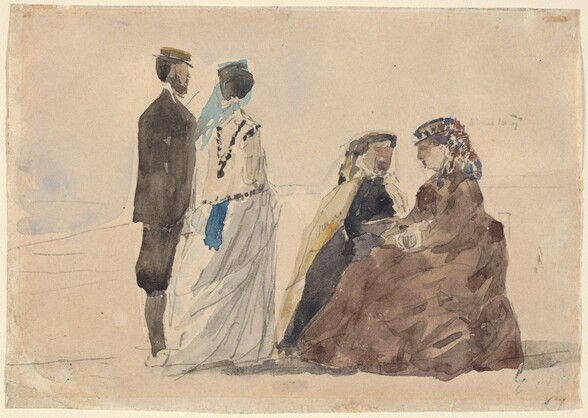 Two Ladies Seated and a Couple Walking on the Beach