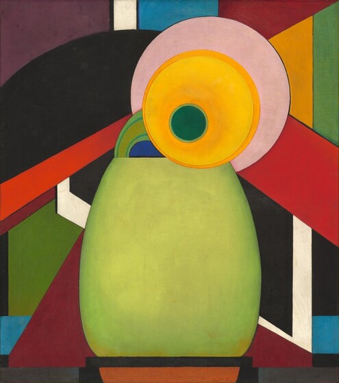 Geometric shapes and mostly flat areas of color suggest an abstracted sunflower in a vase against a background of vibrant bands of color in this vertical painting. A spring green oval shape takes up the middle of the lower half of this composition. Cut straight cross the top and bottom, it recalls a wide-mouthed vase. The head of the stylized flower seems to rest propped over or on the top edge of the vase. A pine green circle is outlined with celery green, and then surrounded by a larger, yellow disk to represent the head and petals of the flower. The yellow lightens from canary to goldenrod around the green disk within. Then, the yellow disk is outlined with a darker, honey color. The head of the flower is surrounded by a pale pink disk, almost like a halo. A stylized green stem curves from the blossom into the vase on our left. Bands and blocks of color make up the background in flat areas of crimson, black, eggplant purple, pumpkin orange, white, and shades of blue and green.
