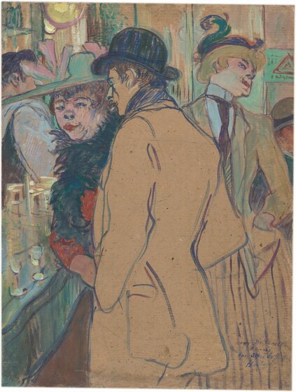 A man and two women standing near a bar nearly fill this vertical painting. Though made with oil on cardboard, the paint is applied in thin strokes, so parts of the painting look more like a drawing, and the tan of the cardboard is visible in many areas. Shown from the thighs up at the center of the composition, the man stands with his back to us, looking away from us to our left, almost in profile. The camel-brown of the cardboard acts as the color of his jacket and the skin of his face, which are otherwise delineated with cobalt-blue and violet-purple lines. He wears a dark bowler hat, and a white cigarette dangles in his lips. A few scribbled black lines could suggest a mustache. Hands thrust into his pockets, he looks down at the bar, which a runs along left edge of the composition. Squeezed between the man and the glasses on the bar, a woman wearing a teal-blue feather boa leans one elbow on the bar and looks back at the man from the corners of her eyes. Her skin is rose-pink and she has curly red hair. Her arched, thin eyebrows and snub nose are set in a round face with a double chin, and her crimson-red lips are pursed. She wears a ruby-red dress or coat and a turquoise-blue, wide-brimmed hat with bubblegum-pink ribbons or feathers. Two small, stemmed glasses sit on the bar in front of the man and woman. Behind the bar, along the left edge of the painting, a man wears a dark vest over a shirt with sky-blue sleeves. A light cloth lies over the shoulder closer to us and he has dark hair. The rest of his features are lost behind the woman’s hat. To our right, beyond the man’s shoulder, a woman stands with her body facing us as she tips back and looks off to our right. She wears a long, black tie over a pale blue, high-necked shirt. One hand is tucked into a pocket on the front of her jacket, which is streaked with mint green over the brown cardboard. Loosely painted vertical stripes below her waist suggests she wears a skirt, indicating this is a woman, though it might otherwise be difficult to tell. She wears a low, royal-blue cap with an emerald-green feather curling up from the back over a cloud of yellow hair. Only the gray bowler hat, ruddy skin around the ear, and a teal-green jacket of a fifth person are visible between that woman and the right edge of the composition. The wall at the back of the space is tan with shell-pink streaks, and a sign with a red triangle against a turquoise background is cropped by the right edge of the painting. The scene is sketchily painted so features are outlined with blue or brown and filled in with streaks of pale color. The artist inscribed the painting in the lower right corner, “pour Metenier d'apres son Alfred la Guigne HTLautrec,” with the HTL overlapping to create a monogram.