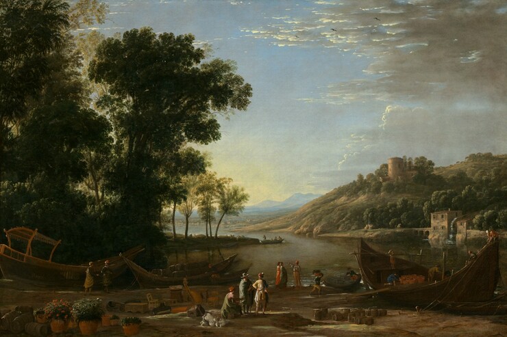 As if hovering over a riverbank, we look slightly down onto a group of people gathered along the bank of a river that winds around a copse of tall trees to our left, past a tree-covered hill to our right, and into the deep distance in this horizontal landscape painting. The horizon line comes about a third of the way up the painting. More than a dozen people gather to converse in pairs or trios, or work loading a ship in the lower right corner of the composition. Most of the people seem to be men, except for two women who stand near a man who gesturing to our left at the lower center of the painting, and all the people seem to have light skin. The men loading the boat to our right wear pants and shirts in navy blue, gray, tan, or crimson-red. Men wearing hats and capes over suits near the lower center, and the women wear clothing in olive-green, butter-yellow, petal-pink, coral-red, or gray. Goods are strewn along the riverbank closest to us, including potted flowering plants to our left, a jumble of chairs, tables, and musical instruments nearby, and collections of wooden barrels to our right and in the lower left corner. Two more boats are moored at the shore in front of the grove of tall, forest-green, leafy trees that take up the left third of the composition. The sage-green surface of the river curves to our right, to a tree-covered hill with a watermill at its base. A stone structure with a large, central, round tower sits along the top of that hill. The river continues to wind into the deep distance, where towns nestle at the foot of rolling, slate-blue mountains along the horizon. The sky above is pale yellow along the horizon and deepens to pale blue above. Clouds sweeping in from the right are lit bright cream-white along their edges and are smoke-gray on the undersides. The artist signed and dated the painting as if he had written his name on the side of the boat in the lower left corner, though the inscription appears to be incomplete: “CLAVDIO o I Vo 16 9 OM.”