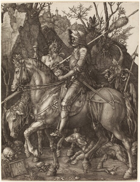 A man wearing a full suit of armor and carrying a long lance rides a horse on a narrow path alongside a ghoulish, skeletal creature wrapped in snakes and a goat-headed, horned creature, all set again sheer, rocky outcroppings that nearly fill this vertical engraving. The scene is created with fine, silvery lines built up in hatching and crosshatching to make deep shadows, and is printed on cream-white paper. The armored man rides toward our left in profile with the lance resting on his right shoulder, farther from us, and the other hand holding the muscular horse’s reins. The lance extends off both sides of the paper and is wrapped with a fox’s tail near the top. The man’s face is wrinkled with deep set eyes staring straight ahead. He has a prominent, bumped nose and wide mouth closed in a line, with the corner we can see pulled slightly up. The visor of his helmet is pushed up but his eyes are shielded from the creatures beyond the horse by the flaring sides of his helmet. Armor covers every inch of his body, including his hands and feet, and a long sword hangs at his left hip, closer to us. Spanning the width of the composition, his muscular horse walks with one front and one back leg raised and its chin pulled back, also looking straight ahead. A long-haired dog runs in the same direction between the horse’s feet over a lizard scrambling in the opposite direction. Seen between the armored man’s body and his horse’s head, the ghoulish creature at the side of the dirt path wears a spiky crown entwined with a snake and another serpent winds across his shoulders. The creature looks towards the armored man with round, piercing eyes, a hole where the nose should be, and a nearly toothless, gaping maw. He has a long, lanky beard and hair, and he holds up an hourglass topped with a clock-like dial. This creature also rides a horse, whose head hangs close to the ground. To our right, the goat-headed creature looks toward the armored rider with round eyes and its long snout slightly open to show fangs and teeth. Horns curl down to its shoulders and one long, sharp horn, dotted with spikes at the base, curves up and back over the creature’s face. The creature seems to rest against a pointed halberd, like a double-pronged spear, as if it was a walking stick. Beyond the group, rocky outcroppings push into the sky. The branches of barren trees and bushes are outlined against the blank, white sky and their craggy roots poke out of the rock. High on a hill in the deep distance is a castle complex or town. Near a human skull resting on a tree stump in the lower left corner, the artist signed and dated the print by including the date, “1513”, and a monogram of his initials, “AD”, on a rectangular plaque that leans against the stump.