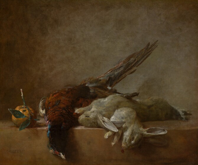 An orange and the bodies of a large fowl and two rabbits on a brown ledge nearly span the width of this square still life painting. The face of the ledge takes up the bottom quarter of the composition. Near the left edge of the canvas, the orange has a stem with dark green leaves. Next to it, near the center of the composition, the bird lies face up with its sapphire-blue head and neck draped down backward over the face of the ledge. The rest of its body is rust red, gray, and brown, and its tail feathers are angled up toward the top right corner of the canvas. The two rabbits have silver-grey fur tinged with muted golden yellow. They lie, one atop the other, to our right of the fowl. Their eyes are closed, and a drop of dark red blood drips from the mouth of the rabbit underneath. The ledge is caramel brown, and the wall behind is mottled with ginger brown and putty grey. The artist signed the lower left, “chardin.”