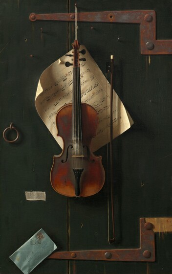 A violin, bow, and at least two pages of sheet music hang from a dark, forest-green, wooden door in this vertical painting. The string holding the violin hangs from a nail at the top center of the composition. The violin takes up the top two-thirds of the painting. The wood body of the instrument is a deep chestnut brown alongside the fingerboard, and it lightens to tawny brown at the corners. White powder coats the strings near the bridge and gathers on the instrument beneath it, where the strings are played. The bow hangs to our right, and it and the violin overlap sheets of music, which curl at the corners. Several pins or nails are pounded into the wooden door, and a few small holes and vertical cracks mar its surface. The door’s handle is a metal ring hanging at the center to our left, and bracket-shaped arms of two rusty hinges nearly span the width of the painting from the right edge. A bolt is missing from the top hinge, and the rightmost section of the bottom hinge has been broken off. A scrap of newspaper is pasted on the door just below the violin, to our left, but the text is illegible. Finally, the corner of a pale blue envelope has been tucked into the edge of the painting near the lower left. A black and white postage stamp with the number 25 is affixed to the upper right corner, and the envelope has been stamped several times. Cursive writing of the address reads, “W. M. Harnett 28 East 14th St New York.” The word “Chargé” has been penned in the lower left corner of the envelope. A circular cancelation stamp near the postage stamp locates and dates the envelope: “PARIS 3 27 AVRIL 86.”
