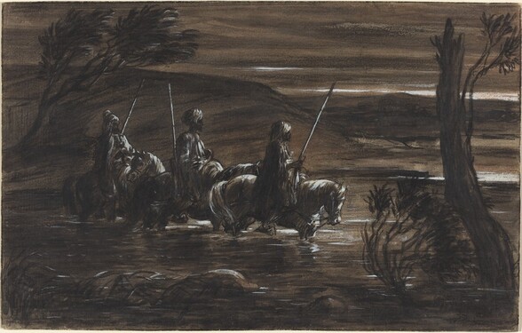 Three Arab Horsemen Crossing a River