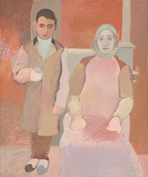 A young boy with pink and tan-colored skin stands next to a seated woman with an ashen white face, and both look out at us in this vertical portrait painting. The scene is created with broad areas of mottled color in rust and coral red, pale pink, lilac purple, ivory white, and shades of tawny brown. The eyes of both people are heavily outlined with large, dark pupils. To our right, the woman’s pale, oval face is surrounded by a muted, mint-green cloth that covers her hair and wraps across her neck. Her eyes are outlined with charcoal gray, and her heavy lids shaded under arched brows with smoky, plum purple. She has a straight nose, and her burgundy-red lips are closed in a straight line. Her long, rose-pink dress is lavender purple below the knee, and is scrubbed with darker pink strokes across her lap. Her sleeves are tan on the upper arms and cream white on the forearm, over two blush-pink forms that represent her hands resting on her thighs. Along the top of her shoulders, her dress is terracotta red. A rectangular, fog-gray form behind her could be a chair or a half-wall, the top edge of which is higher to our right of her head. To our left, the boy has dark brown, short hair over putty pink, protruding ears. The area between his eyelid and arched brow is filled in with chocolate brown, giving his staring eyes a hooded look. His jawline, chin, and lips are outlined with dark brown. His khaki-brown, knee-length coat has pale, rose-pink sleeves and a black collar. An area of pale, ice blue could be a kerchief or high-collared shirt, and he wears fawn-brown pants. One of his slippers is coffee brown and the other, closer to the woman, is slate gray. He holds a loosely painted, pale, turquoise-blue object in one hand at his waist. The pair are situated against a background painted in areas of coral, ruby, crimson, and wine red. Two vertical, concrete-gray strips behind the boy and woman could be columns. The floor along the bottom edge of the painting is pale pink.