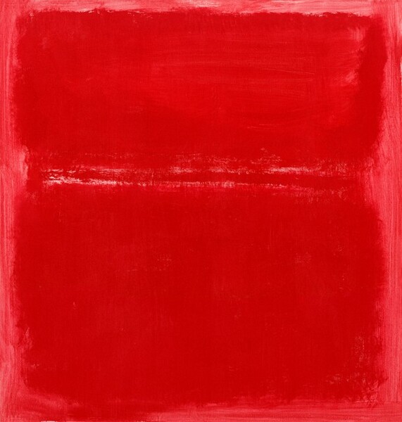 Two candy apple-red, horizontal rectangles with soft, blurry edges sit one over the other, separated and surrounded by a thin border of carnation red in this nearly square abstract painting. The top rectangle takes up the top third of the composition and the larger rectangle is below.