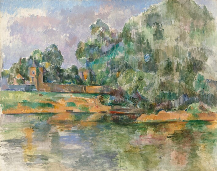 A row of structures and a massive weeping willow tree line the clay-orange riverbank opposite us in this horizontal landscape painting. The scene is painted loosely with long, visible brushstrokes. Taking up much of the right side of the painting, the tree has emerald, moss, fern, and olive-green leaves with brown and purple trunk and roots. It casts long, gently rippling reflections in the water. The structures to our left are enclosed behind a terracotta-colored wall with a square tower. A second segment of wall, to our left, is charcoal gray. Trees grow up behind the structures. The sky above is painted with mingled strokes of lavender purple, baby blue, and white.