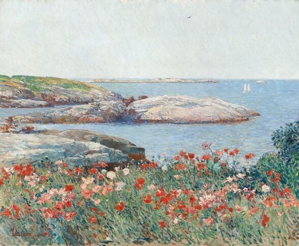 We look across a profusion of vivid red, blush-pink, and white flowers lining a stony shoreline in this almost square landscape painting. The scene is loosely painted so some details are indistinct, especially the blossoms of the flowers, which are dabs of pink and red. The flowers have long, sage-green stems shaded with flicks of navy blue. The field of flowers covers the bottom third of the composition, and a vibrant green and blue bush peeks in from the right edge of the painting. Beyond the field of flowers is a powder-blue body of water with low, rocky formations, like giant, shallow boulders rolling across the surface of the water. The rocks are painted in shades of white tinged with pink, blue, and green with daubs of rust orange along their edges. An outcropping farther in the distance to our left is carpeted with patches of pea green and canary yellow. One rock formation in the middle of the composition almost spans the width of the painting. Beyond it is a small boat with white sails drifting on the water. In the deep distance is another long finger of oyster-white land stretching across the left half of the horizon, which comes two-thirds of the way up the composition. A lone bird flies through the milk-white sky that fills the top third of the scene. Some patches along the bottom edge of the painting are beige, where the canvas on which this is painted is visible. The artist signed and dated the lower left, “Childe Hassam 1891.”