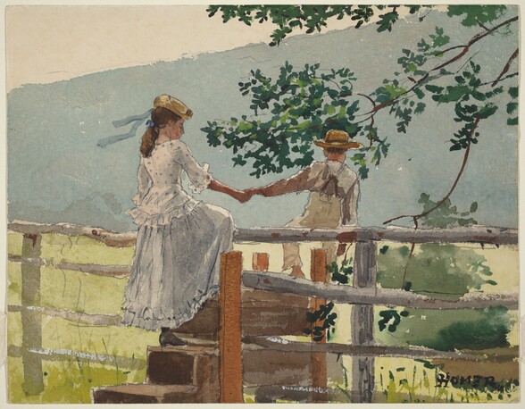 A boy leads a girl by her hand across three wooden steps that allow for passage over a fence in this horizontal watercolor. The fence spans the width of the paper, but angles slightly away from us as it moves off to our left. The fence is made up of four widely spaced horizontal rails across vertical posts. The boy and girl face away from us but have pale or tanned skin and brown hair. The girl is on our side of the fence, her front foot on the top step. She wears a long white dress edged with ruffles and shaded with slate blue. Her hair is tied with a blue ribbon, and another ribbon flies from the back of her straw-colored hat. The boy begins to step down on the far side of the fence. He wears tan overalls, a gray shirt, and a wide-brimmed straw hat. The ankle we can see is bare. A tree branch with dark green leaves dips down into the scene from the upper right corner. A wash of dark green on the far side of the fence suggests a shrub in an otherwise flat field of fresh, celery green. The top rail of the fence overlaps the horizon, where a light blue hill rises to fill much of the upper half of the composition. A narrow wedge of cream-white sky angles into our view at the top left. The artist signed the lower right corner, “HOMER.”