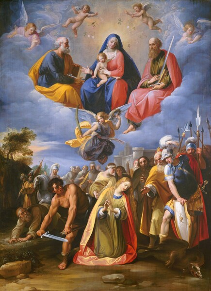 A young woman with long blond hair kneels in front of a crowd of about two dozen people, mostly men, under a heavenly group on cloudbanks overhead in this vertical painting. They all have pale or tanned skin. At the bottom center, the young woman, Saint Margaret, kneels facing us as she tips her head down and to our right, her fingertips pressed together in prayer. Her cloak shimmers from pale yellow to coral red over an olive-green gown edged with sapphire blue. A thin gold halo floats over her loose, waist-length hair. A muscular, bare-chested man to our right unsheathes a sword as he twists toward Saint Margaret. An armored man to our right rests one hand on a white and gold shield, which pins dragon to the ground. Another man is on horseback in the crowd beyond, and the rest appear to stand. Some hold halberds and spears. A rocky outcropping rises to our left, and a gray building is in the distance to our right. A woman holding a baby, Mary and Jesus, and two bearded men sit in a cloud bank in the top half of the picture. One man holds an oversized key and the other a sword. They and the people below wear robes and cloaks in tones of golden yellow, royal blue, dark rose pink, or shades of gray and brown. A winged angel holding a crown of leaves and a palm frond flies between the two groups, and more blond-haired angels hover above. Two baby-like putti scatter flowers over Mary. The artist signed the work in the lower left corner as if he had written his name on a rock. It reads, “IOSEPHVS CAESAR ARPINAS.”