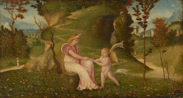 A light-skinned woman and winged boy face each other in a verdant landscape in this horizontal painting. The pair are in the center of the composition. To our left, the woman sits in profile on a moss-green stump, facing our right in profile. She wears a tall diadem over her hip-length blond hair, and her lips are parted. She wears a shell-pink, short-sleeved gown with soft pleats. Her far leg is bent with her foot on the ground, and her near leg is slightly extended. To our right, the boy steps toward and reaches for the woman. He is nude except for a white sash that wraps around his far shoulder, across his back, under his gold wing, and around his near thigh. The ends of the sash fly out behind him. Around them, an emerald-green field is strewn with yellow and red flowers. A dead tree trunk stands to the left of the woman, and two slender trees grow to our right. Beyond the woman and child, a hill with steep sides rises to top of the composition. It is carpeted with lime-green growth, and a zigzagging, sage-green path climbs to a flat area at the top. White paths wrap around the hill to either side, and are bordered by green grasses, trees, and fields. The paths lead back to buildings and misty blue mountains in the far distance. Tiny, pale strokes of color suggest people on the hill and strolling along the paths.