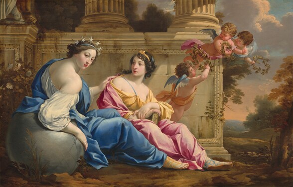 Two pale-skinned women wearing jewel-toned blue, pink, and yellow togas sit on the ground at the foot of a stone building, with three, winged, child-like putti flying nearby in this horizontal painting. The women take up most of the left half of the painting while the building behind them spans nearly three-quarters of the composition. A sliver of landscape is visible beyond the building to our right. Both women have dark, ash-brown hair wrapped back around diadems, long, straight noses, dark eyes, and smooth skin. Their cheeks are flushed, and their dark pink lips are parted. To our left, the first woman sits with her body facing our right in profile, and she turns to look at us from the corners of her eyes. Six silver stars line the sky-blue diadem in her hair. Her voluminous white shift falls off the shoulder closer to us, and she wears a swath of sapphire-blue drapery over her other arm and lap. One foot, wearing a yellow sandal, emerges from under the hem of her robe. She leans the elbow closer to us on a silver sphere, which comes a bit higher than her waist. Her other hand rests on the shoulder of the woman next to her. The second woman sits with her legs angled to our right, and she turns her face back to look at the first woman. She wears a butter-yellow garment under a rose-pink toga, and one foot, wearing a blue sandal, rests on the dirt ground. A baby-blue ribbon is tied through her hair, around a gold coronet. Her hands rest on a book in her lap. The partial word “odiss” is written along the edges of the pages facing us. Three pudgy angels with small blue wings flutter near the second woman, to our right. The putti have short, brown or blond, curly hair. Sashes in golden yellow, pink, or blue are tied around one shoulder and their opposite hips. They hold up three crowns of leaves. The building immediately behind the women and putti is parchment white streaked with brown. A tall foundation supports two columns, the base of which are near the top edge of the painting. A few plants grow out of the crevices, and a bush with white and light blue flowers grows behind the woman in blue, to our left. A landscape extends into the distance to our right, with rolling green hills, trees, and far-off, ice-blue mountains along the horizon. The sky above has apricot-peach and gray clouds against a pale blue sky.