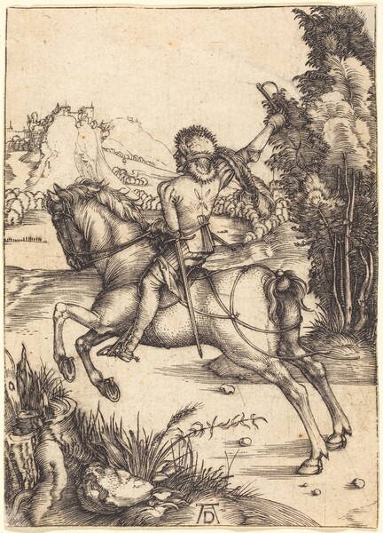 Printed with both fine and densely layered black lines on cream-white paper, a man and the horse he rides are angled away from us, to our left, in this vertical engraving. The horse’s front hooves are raised off the ground as it pushes off its back legs in mid-stride or leap. The horse’s chin is pulled back by the reins the man holds in his left hand, by his lap. The rider’s profile has a long nose, and his mouth is open over the suggestion of a beard. The rest of his face and head is covered by a fur cap. A long feather flows from the brim, over his right shoulder. That arm is raised as he holds up a whip. The shoulders of his long-sleeved, tight-fitting jacket are slashed, and there are four slashes creating a loose X shape on his mid-back. The leggings or pants on the leg we can see are vertically striped under a thigh-high boot, which folds over at the top. His pointed shoe hooks through the stirrup of the horse’s saddle, and a spur juts out from the heel. A sword hangs by the man’s left side, closer to us. The pair travel on a clear path lined on both sides with grasses, rocks, and trees. Closest to us, in the lower left corner, a smooth-topped, cut tree stump is surrounded by grasses and a few stalks. On the far side of the horse, a narrow grove of darkly shaded trees rises along the right edge of the composition, and the tallest tree extends off the top. In the distance to our left, steep, vertical cliffs and hills are engraved in lightly incised lines, so look more faint. Trees and structures are suggested with a few strokes. The topmost structures come about five-sixths of the way up the composition, and the sky above is blank white. The artist signed the lower center of the engraving with his monogram, an uppercase D tucked between the long legs of a wide uppercase A.