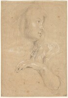 Lightly sketched with faint, silvery gray lines and areas of white chalk against tan-colored paper, the face, shoulder, and one arm of a young woman with smooth skin looks over her shoulder to our right in profile in this vertical drawing. She looks up through her eyelashes with her head tipped slightly away from us. She has a straight nose and parted, full lips. Wavy lines suggest hair framing her face and falling to her shoulders. Her hair may be tied with a ribbon that lies over her left shoulder, farther from us. A few strokes in white chalk suggest a puffed sleeve over that shoulder. The sleeve, drawn lightly with black chalk, is rolled back to her elbow, and her hand rests in front of her chest over a curve, though the object on which her fingers rest is not drawn. The paper has a few spots, marks, and small stains.