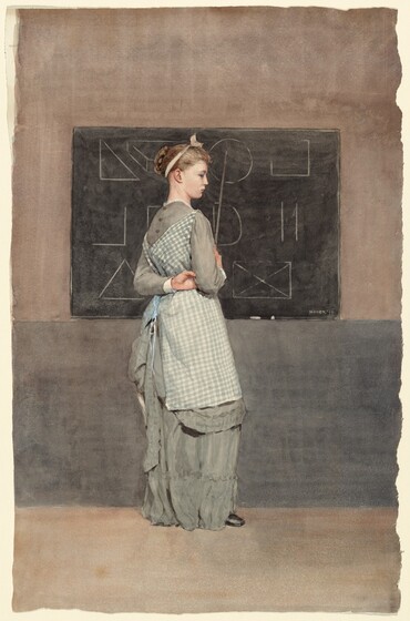 A young woman with pale skin stands with her back to us as she points to a blackboard with a long stick in this vertical watercolor painting. Her body is angled away to our right, and she turns her head so her face is in profile, also to our right. The blue eye we can see looks down under a furrowed brow, and her small lips are closed over a rounded chin. She holds the pointer in her right hand as her left arm tucks across her lower back so that hand hooks into the right elbow. Her honey-blond hair is tied with a light tan ribbon like a headband, and a braid is coiled at the back of her head. She wears a checkered white and pale-green pinafore over a long, sage-green dress. The toe of one black shoe peeks out from under the hem. The blackboard behind her is drawn with three rows of geometric shapes outlined in white chalk. Her pointer aims at a circle near the top right corner. The floor and upper half of the wall behind and above the board are pink-tinged tan, and nickel gray fills the lower half of the wall beneath the board. The artist signed and dated the lower right of the blackboard, “Homer '77.”