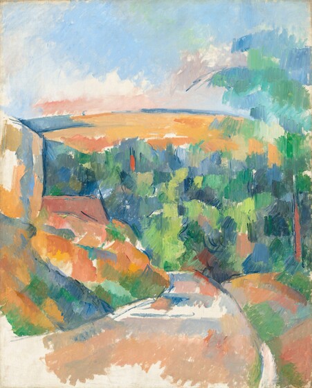 A road or path curves away from us, past a tall formation, perhaps rocks, to our left, and into a valley filled with trees and a low hill beyond in this stylized, vertical landscape. The painting is created almost entirely with patches of vibrant colors mostly in burnt orange, peach, salmon pink, cobalt and sky blue, and lime and spring green. Most of the patches are applied with visible vertical strokes. Areas of unpainted canvas create white patches, especially on and around the path in front of us. The tall formation to our left is painted mostly in oranges and pinks. The trees in the valley are painted entirely with blues and greens, and the low hill enclosing the scene in the distance comes about three-quarters of the way up the canvas. The sky above is blocked in with pale aquamarine blue and a few touches of shell pink along the horizon.