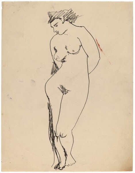 Standing Female Nude Gazing Down, Hands Clasped Behind Back