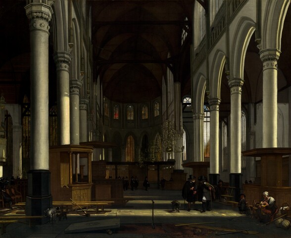 We stand in the central nave of a deeply shadowed church looking down towards the altar in this horizontal painting. Sunlight streams in from our right to bathe white pillars lining the nave with light, and it illuminates a wooden stall, like a private seating box, situated in front of the columns to our left. The forehead, eyes, and one hand of a young child peeks over the top edge of one of the panels, perhaps peering towards us. Touches of pale red and yellow suggest stained glass over the dimly lit altar at the far end of the church, across from us. Gold chandeliers with curling, scrolling arms hang along the length of the nave, well below the dark, vaulted ceiling. About a dozen of men wearing black enter the church in a line from the left, near the altar. Closer to us, to our right, two men lean towards each other in conversation with a dog nearby. One man gestures towards a rectangular stone slab that has been lifted from the church floor to reveal dirt underneath, to our left. Two shovels, a broom, and a skull lay nearby. In front of the men, in the lower right corner of the canvas, a woman sits and nurses a swaddled infant. A young boy and another dog near the pair looks towards or at us. Two dogs stand in the shadows around the column closest to us on the left, and one raises its leg to relieve itself on the base.