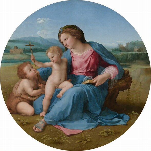 A woman and two children, all with pale skin and flushed cheeks, sit together in a landscape in this round painting. The woman takes up most of the composition as she sits with her right leg, to our left, tucked under her body. Her other leg, on our right, is bent so the foot rests on the ground, and that knee angles up and out to the side. She wears a rose-pink dress under a topaz-blue robe, and a finger between the pages of a closed book holds her place. Her brown hair is twisted away from her face. She has delicate features and her pink lips are closed. She looks and leans to our left around a nude young boy who half-sits and half-stands against her bent leg. The boy has blond hair and pudgy, toddler-like cheeks and body. The boy reaches his right hand, on our left, to grasp the tall, thin cross held by the second young boy, who sits on the ground next to the pair. This second boy has darker brown hair and wears a garment resembling animal fur. The boy kneels facing the woman and looks up at her and the blond boy. The trio sits on a flat, grassy area in front of a body of water painted light turquoise. Mountains in the deep distance are pale azure blue beneath a nearly clear blue sky.