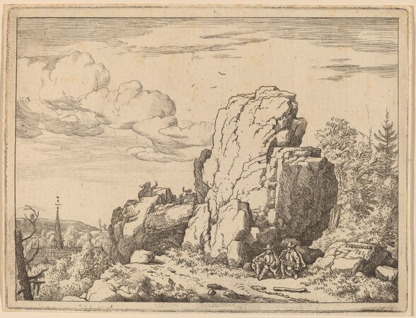 Two Men Seated at the Foot of a High Rock
