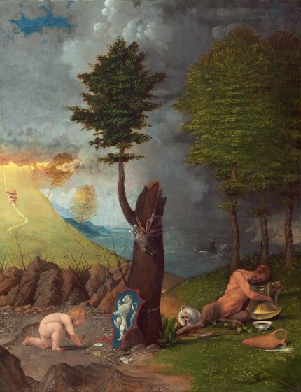 Set on a strip of land under a cloud-filled sky and in front of a stormy sea, a nude, swarthy complected satyr with a man’s body and shaggy, goat’s legs reclines to our right as a nude, pale-skinned, blond child crouches over some objects on the dirt ground to our left in this vertical landscape painting. The satyr leans over and peers into a golden urn, which has a round bottom and tall, flaring sides about the height of his torso. One hand holds the single handle and the other wraps around the body of the urn. The tips of the satyr’s ears are elongated and pointed, and the corner of his mouth curves up into an exaggerated smile in his brown beard. Red liquid pours from an object, perhaps an overturned urn, near the satyr’s outstretched leg and white liquid pours from another urn between us and the satyr. Next to the satyr, at the center of the painting, a thick, upright tree trunk is broken off abruptly but one shoot grows tall with emerald-green leaves. A translucent, shield-shaped object decorated with an open-mouthed, human face hangs from a pink ribbon around the broken trunk near the branch. A second shield outlined in red with a rearing, white lion against a royal-blue field leans against the foot of the tree to our left. Nearby, the pale, naked child holds a pair of sticks, possibly a compass, and reaches for other objects on the ground near the shield, including a white disk, a pair of small, red-covered books, a square and possibly a plumb line, a flute, pan pipes, and a scroll of paper. The ground and landscape around each person are distinctly different. To our left, the dirt ground under the child is littered with small rocks. Beyond a row of larger boulders, a sweeping field of lemon-lime green sweeps up into a bank of clouds. A small nude person with dark forms, perhaps representing wings, on their shoulders, arms hips, and ankles ascends a path up toward the clouds. To our right, the satyr reclines on green grass in front of a screen of three lush trees. Beyond, across the entire landscape, a choppy sea extends into the far distance beneath the steel-gray clouds above. A masted ship is swallowed by waves behind the satyr, to our right.
