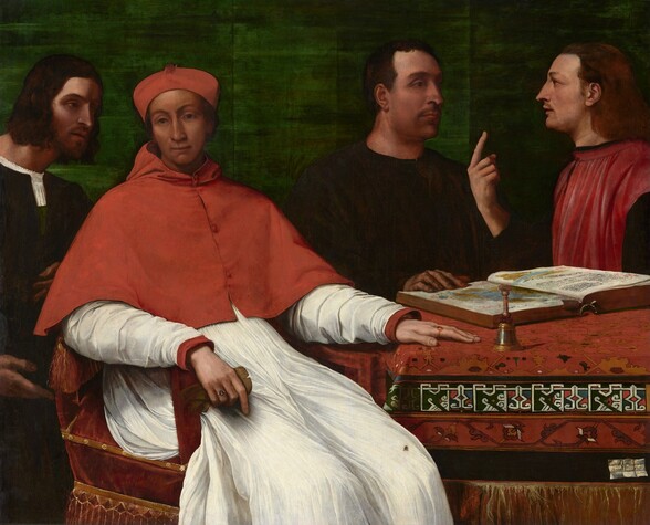 Four light-skinned men gather around a table in front of a forest-green background in this horizontal painting. In the right half of the picture, two men behind the table are shown from about the waist up. The third man, Cardinal Sauli, sits at the narrow end of the table to our left, and his legs are cropped by the bottom edge of the painting below the knee. The fourth man leans toward the cardinal, and is shown from about the knees up along the left edge of the painting. Cardinal Sauli dominates the composition. His body is angled to our right, and he turns his head to look at us with dark eyes under arched brows. He has a narrow face, a wide nose, and his lips are closed over a round chin. He wears a red cap over brown hair and a red, waist-length cape that buttons down over his chest. His voluminous, long-sleeved, bright white robe has red at the cuffs. Upon closer inspection, what appears to be a black speck on his knee turns out to be a fly painted to look as if it had landed on the surface of the panel. The cardinal’s elbows rest on the arms of a wine-red velvet chair. His right hand, to our left, holds what may be green leather gloves, and he wears a gold ring with a dark oval stone on that ring finger. He rests his other hand palm down on the table, and wears a gold ring with a red stone on the index finger of that hand. Just beyond that hand, a pewter-silver bell edged with wide bands of chased gold sits on the table, which is covered with a cloth patterned with crimson red, harvest yellow, black, and white. At our far left, the man leans toward Cardinal Sauli’s right shoulder, facing our right almost in profile. He has dark, chin-length hair, black eyebrows, a long, straight nose, and a dark, trimmed mustache and beard. His mouth is slightly open. He wears a bright white embroidered, collarless shirt under a black tunic. The fingers of his left hand rest on his chest and he barely touches the back of the velvet chair with his other hand. Behind the table, to our right, the final two men face each other in profile. The man to the left in this pair, closer to Cardinal Sauli, has close-cropped dark hair, a prominent nose, and black eyebrows. His hooded, dark eyes look off to our right, and a mustache frames his closed lips. He rests his right hand on an open book, illustrated with maps, on the table in front of him. The man on the far right holds up his right hand at chest height, and points his right index finger straight up. He has a pointed nose and dark eyes, and his lips are parted under a faint mustache. His brown hair falls to the collar of his ruby-red robe, which falls in vertical pleats from the high neckline. The deep green background seems close to the group, creating a shallow space. The artist signed and dated the painting as if he had written on a piece of paper stuck to the front of the table, but the writing is nearly illegible.