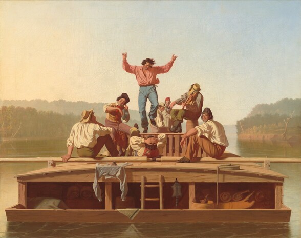A flatboat with eight light-skinned men floats toward us down a wide river in this horizontal painting. The boat nearly spans the width of the composition and has low sides and a shallowly arched, low cabin upon which the men gather. At the center, a man with dark hair and wearing light blue trousers and a pink shirt dances with one foot and both arms raised. To our right a seated musician plays a fiddle, and to our left a smiling man holds up a metal pot and strikes the flat bottom with the back of his fingers. The remaining men sit or recline around the musicians and dancing man, some looking toward the dancer and two looking out at us. Bedrolls and animal skins are stored in the cabin below. The olive-green surface of the river is streaked with pale blue. The horizon line comes about a third of the way up the composition. The trees and riverbanks in the distance are hazy beneath a watery blue sky.