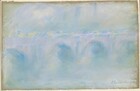 We look across a river at an arched bridge spanning the width of this horizontal landscape. Created with smudges of pastel almost entirely in tones of cream and bright white, pale lavender purple, soft teal, and the faintest sky blue, the bridge seems nearly lost in a bright fog. The straight deck of the bridge divides the composition in half, though it angles slightly away from us towards the right. The four low arches of the bridge are powder blue and lilac purple with cobalt blue shadows underneath. Blended areas of light, spring green, azure blue, and pale yellow create a hazy sky above. Vertical lines in ultramarine blue could be smokestacks or towers in the distance on the opposite bank. The blue paper is visible and has darkened at the edges of the sheet. The artist signed the work in smoke gray in the lower right corner: “Claude Monet.”