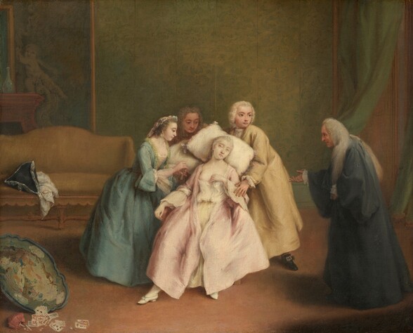 In a room with avocado-green walls, three people cluster around and support a noticeably pale young woman who leans back on a pillow, as an older man looks on in this horizontal painting. All the people have light skin, gray or white hair, and wear long, voluminous dresses or robes. The woman and pillow are held in place by the two men and one woman around her. The swooning woman’s heavily lidded eyes are barely open, and her thin lips are closed. Her left hand, to our right, rests gently on her breast, while her other hand hangs limply by her side. Her pastel-pink gown is open down the front over a milky white, low-cut chemise and a pale yellow underskirt. Wide, lace ruffles hang from her elbow-length sleeves, and she wears white stockings and white, low-heeled shoes. The white pillow is edged with a pink ribbon tied into bows at the corners. Directly behind her, a man with long, curly, gray hair looks down at the woman’s pale face, and a second man, to our right, looks off in that direction as he braces her body. The second man has curly, blond hair and wears a yellow robe. One black shoe with a silver buckle pokes out under the hem. To our left, a woman slightly bends over the swooning woman, facing our right in profile. Her low cap or head scarf is lined with flowers at the back of her head over steel gray hair. She wears a teal-blue, satin gown with wide, sheer cuffs over her forearms. The front of her low-cut bodice is lined with a textured, lemon-yellow material. Her right fingertips, closer to us, brush the top of the glass vial she holds in her other hand. To our right and a bit apart from the group, an older man faces the swooning woman in profile, stooping slightly, and gestures toward her with one hand. His long, wavy, gray hair falls to mid-back and some sweeps over his shoulder, nearly reaching his waist. He wears a blue robe with white cuffs. The wall behind the group is covered with green wallpaper with a floral motif picked out in moss green against the lighter background. Shamrock-green curtains hang along the right edge of the painting, possibly over a door. A honey-yellow sofa with fringed upholstery sits along the wall to our left, extending off that edge of the painting. A black tricorn hat and piece of rumpled, white fabric sit at the center of the sofa, which overlaps the corner of a wooden mantle. A chubby, baby-like, winged putto seems to stand on the mantle, holding up the edge of a gold frame, presumably of a painting hanging over the fireplace. A blue and white vase sits near the putto on the mantle. To our left, in front of the sofa, a round gaming table is toppled onto the muted, marigold-orange floor. The surface of the table is mottled with areas of white, pale yellow, blue, and sage green that may represent people, possibly in a landscape. Coins spill from a red purse near a deck of cards scattered on the floor near the upended table.
