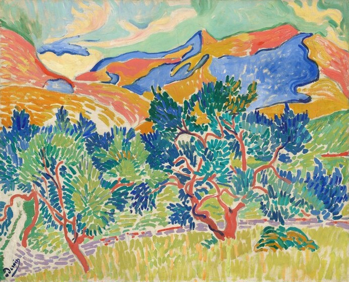 Trees and mountains nearly fill this composition and are painted with long, often parallel brushstrokes in this horizontal landscape. The trees are painted with strokes of royal and aquamarine blue, pine and mint green leaves on coral-colored trunks. The grass below is lemon-lime yellow and a walking path is picked out with lavender strokes. The mountains behind the trees are painted with more flat areas of coral and apricot oranges and cobalt blue. The sky above is pale turquoise with a few swirling, cream-colored clouds.