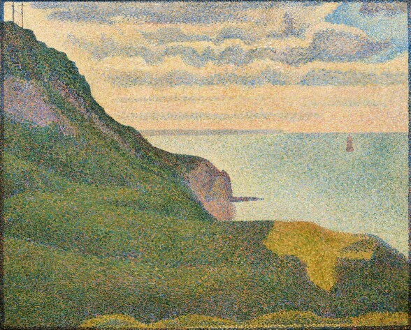 Green hills roll back to a turquoise-blue sea in this almost square painting. The scene is built with layers of small dots in lavender, lilac, cool blue, warm green, yellow, and peach. The hill angles from nearly the top left corner of the canvas to the lower right, filling the bottom left half of the canvas. It is mostly variegated shades of green but there are two cliff-like, purple surfaces to our left and a lighter patch of yellow to our right. A pole and a cross-shaped structure atop the hill to the left could be utility poles. An object on the water in the distance to our right may be a buoy or a boat. Peach lines the horizon, which comes just over halfway up the composition, and straw yellow and cornflower blue ripple across the sky above.