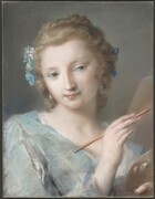 Shown from the chest up, a young woman with pale, smooth skin and dressed in a light blue gown holds a paint brush and palette in this vertical pastel drawing. The woman’s body is angled to our right. She turns her head back to our left but then looks back off to our right from the corners of her eyes under faint brows. Her wide-set eyes are gray, her nose long and straight, and her delicate pink lips are closed in a slight smile. Her curly, ash-blond hair sweeps back from her forehead to gather in a braid across the crown of her head. Soft, loose tendrils frame her round face, which has touches of ice-blue shadows at the corners of her mouth and eyes. Sky-blue and white flowers with mint-green leaves adorn her hair to our left, and two touches of royal blue near her ear on our right suggests a ribbon. Gleaming white pearl earrings hang from her ears. Her dress is created with filmy layers of arctic blue, taupe, white, and pale pink. The gown has a deep, V-shaped neckline, and a long sleeve is turned back from the wrist we can see. In that hand, she holds the wooden paintbrush at about chest height, and it extends off the right edge of the sheet. In the lower right corner of the composition, the thumb of her other hand hooks through a hole in the palette, which has daubs of pink and white. The corner of a blank easel is visible over her shoulder to our right. The background is mouse gray tinged with the blue of the paper on which it is drawn.