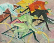 The bodies and bicycles of five stylized cyclists fill this nearly square painting so parts of some of their bodies and bicycles are cut by the edges of the canvas. Shown against a background of mottled shell pink and light gray, the riders are closely packed, their wheels and bodies overlapping, and they seem close to us as they race to our right in profile. All lean low over their handlebars. The faces of the three riders at the front of the pack have lemon-yellow skin. The person at the top of the composition, seeming the farthest away from us, has ivory-colored skin, and the person at the back, to our left, has brown skin. They all wear different colored clothing. The racer at the front wears all black, and the one closest to us celery green with fuchsia around the hips. The cyclists farthest from us wear rust orange or canary yellow. The racer with brown skin wears frosty blue. The frames of the bicycles are dark forest green or black, and the colors of the wheels are either yellow or turquoise. The people’s faces and bodies are abstracted into flat, hard-edges shapes that read as two-dimensional. The angles formed by their torsos, arms, and legs are echoed by the angles of their bicycles’ dark metal frames.