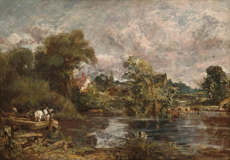 As if standing on a grassy riverbank, we look across the placid surface of a river that is lined along the opposite bank with trees and farm animals in this horizontal landscape painting. The scene is painted loosely with brushstrokes visible throughout, so some details are difficult to make out. For the surface of the river, russet brown and steel gray paint skims lightly across the canvas and leaves some unpainted areas visible, creating the effect of light shimmering on the still water. A palette of muted greens and browns conveys the calm country scene below a light and cloud-filled sky. On our left, a shallow wooden barge propelled along the stream by two men in red caps with long poles, carries a white horse wearing blinkers and a harness along the stream in front of us. The riverbank behind them is lined with pale, sage-green grass tinged with gold, growing in front of a tangle of darker green trees and bushes. Across the water from us near the middle of the picture, a small rowboat sits in the shallows at the foot of a steep riverbank. Above, a white cottage with a reddish roof and chimney is tucked behind the trees, with a wooden rack full of honey colored hay next to it. Nearby, a plow and wheeled cart, highlighted with strokes of white, sit near more mounds of hay painted with dashes of chocolate brown and dusty tan. Rocky fields reach into the distance. The vista is blocked to our right by another clump of trees and a rocky outcropping, rising from the stream, to our right of center. The steep, dark roof of a farmhouse is barely visible among the trees. Along the riverside to our right, a small group of cinnamon brown and cream-colored cows stand at water's edge. A rolling pasture stretches behind them to meet blue hills in the distance. Above, in the upper third of the painting, mottled white, pale rose, and gray clouds rolling across a steel-gray sky are reflected in the water below.