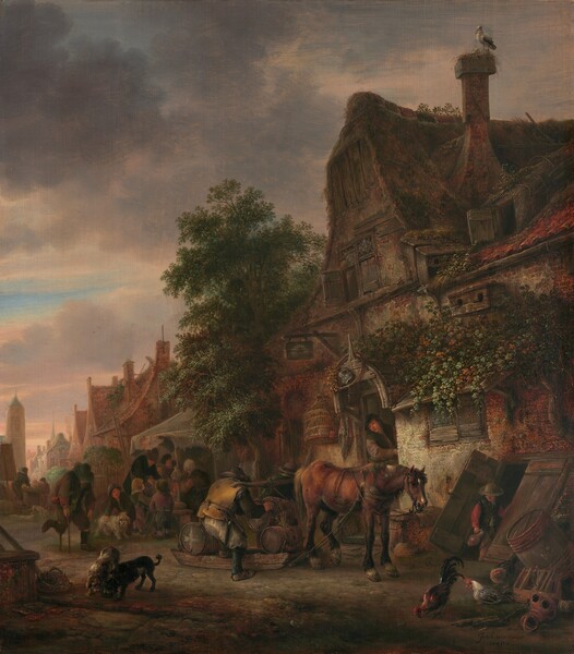 From our place on a dirt road, a row of buildings and houses extends from the right edge of this painting, into the distance and to our left in this vertical composition. People, all with light skin, come and go through doorways and hatches, work unloading goods next to a horse, and gather under a tattered awning down the road. Most of the people wear hats and dark clothing in tones of brown, black, and golden yellow, with a few touches of brick red. A jumble of objects, including a barrel, a wooden trap, and a ceramic vessel, and some chickens are gathered in the lower right corner of the panel, closest to us. A boy holding a long-necked vessel stands at an open hatch leading to an underground level of the structure nearby. That building has a large, steeply pitched, thatched dormer on a red tile roof. Green vines grow over parts of the peanut-brown stone and brick façade. A white stork with long legs and a long beak stands at a nest built on top of the chimney. A sign hangs above an open door, through which a person leans, and a birdcage hangs below the sign. In front of the open door, two men, one wearing a golden yellow vest and one wearing teal blue, unload large wooden barrels from a horse-drawn sled. The brown horse lifts one back foot off the ground, and the side of his hide is marked, perhaps with a sore. A tall tree with dark green leaves separates the building closest to us from its neighbor. A group of people and children are gathered under an awning there. One boy in the group pets a white, long-haired dog. Nearby, a man using crutches makes his way down the road toward us. A pair of dogs, one black and one brown and white, tussle over something in the lower left corner. The row of buildings extends in a line into the distance with steeply pitched, pointed rooflines. A tower, perhaps for a church, appears in the hazy distance to our left, near the left edge of the panel. Clouds with pale peach tops and lilac-gray undersides sweep across the sky above, parting to reveal on a couple slivers of blue sky beyond. The artist signed and dated the panel with black paint in the lower right corner: “Isack van Ostade 1645.”