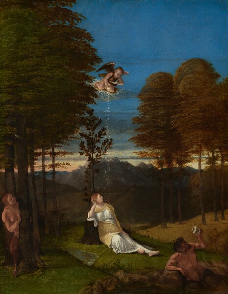 A baby-like winged putto flies above and drops a stream of white flowers onto a woman who sits leaning against a cut tree trunk this vertical landscape painting. There are also two satyrs, who have the upper bodies and heads of people and the legs of goats. The woman and child have pale skin, and the satyrs have tan-colored skin. The central woman’s body is angled to our right, and her legs stretch in front of her on the grassy ground. She props her blond head against the hand supported by the tree trunk and looks to our right in profile. She has a round face, small nose, pursed lips, and a double chin. She wears a flowing white gown, and a flax-yellow cloak wraps around her shoulders and covers her lap. Above the woman, the putto has brown hair and wings, and wears a brown tunic that only covers the chest. The thin cloud on which the putto kneels is strewn with the same flowers being dropped down onto the woman. More flowers are gathered in the cloth of the putto's tunic, used like a basket. Lit from below, the putto looks down at the woman. The blond, female satyr looks and smiles at the woman from behind a spindly tree trunk to our left. More trees create groves on both sides of the scene. A male satyr with a dark goatee and hair leans against a low rock to face our right in profile in the bottom right corner of the composition. He holds up and looks at a small white urn. A stream runs from the rocky area in the lower right back to our left, and then zigzags through low moss-green and harvest-yellow hills. A band of smoky-gray mountains encloses the scene in the deep distance along the horizon, which comes about halfway up the composition. The sky is streaked with peach and pale yellow immediately over the mountains and deepens to ultramarine blue along the top edge.