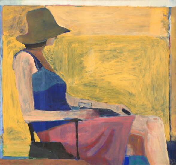 A woman with peach-colored skin wearing a floppy hat covering most of her face, a sleeveless shirt, and a skirt sits facing our right in profile against a background of vivid pineapple yellow streaked with olive green in this nearly square painting. The scene is loosely painted with broad, visible brushstrokes throughout, especially in the yellow background. The woman’s brimmed, dark taupe hat comes down to her pointed nose. Her lips seem closed and a band of brown suggests chin-length hair. She leans back in the chair and rests her arms along its thin, black arms. She holds a glass in her right hand, closer to us. Her tank top is cobalt blue and her skirt, which comes almost to her knees, is carnation pink. Her left leg is crossed over her right, and her ankles and feet are cropped by the bottom edge of the canvas. The yellow background behind her has royal-blue lines near the edges of the canvas to the left and right.