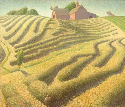 From a low vantage point, we look up along rolling, verdant farm fields bathed in sunlight that fill most of this nearly square canvas. Rows of stylized, gold-green hay almost fill landscape painting. The horizon line is high, almost at the top of the painting, and the hill in front of us slopes from the horizon down to a point far below us, at the bottom edge of the canvas. Along the hill, roughly parallel rows of harvested hay are bundled into distinctive tube-like mounds, with paths between them. The field is interrupted only by a small, solitary young tree near the lower left corner. Two muted, terracotta-red barns or outbuildings with pitched, tan-colored roofs perch at the top of the hill. They stand outlined against a light, clear blue sky at the top center of the composition. The canopies of several rounded trees puff up beyond the buildings, on the far side of the hill. A fan-like weathervane with flat, blade-like paddles sits atop the smaller barn. The other, larger building has a higher pitched roof with a small, lantern-shaped cupola on top and a wide door on the right side where the roof slopes down in a lean-to type of structure. A piece of farm machinery is parked in the field at the top right. At the bottom center of the canvas, a brown ceramic jug with a handle and red stopper rests on the ground in between the rows of bundled hay. The artist signed and dated the work with red paint in the bottom left corner: “GRANT WOOD 1939.” There is also a red painted copyright symbol to the left of the name.